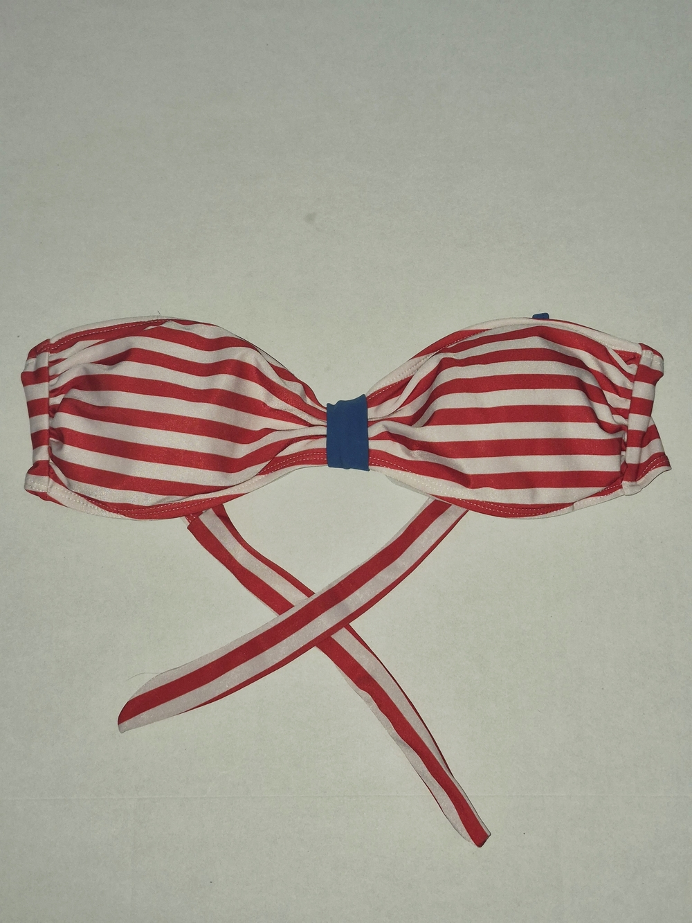 Striped Red and White Bandeau Bikini Top with Blue Accent - Strapless, Padded